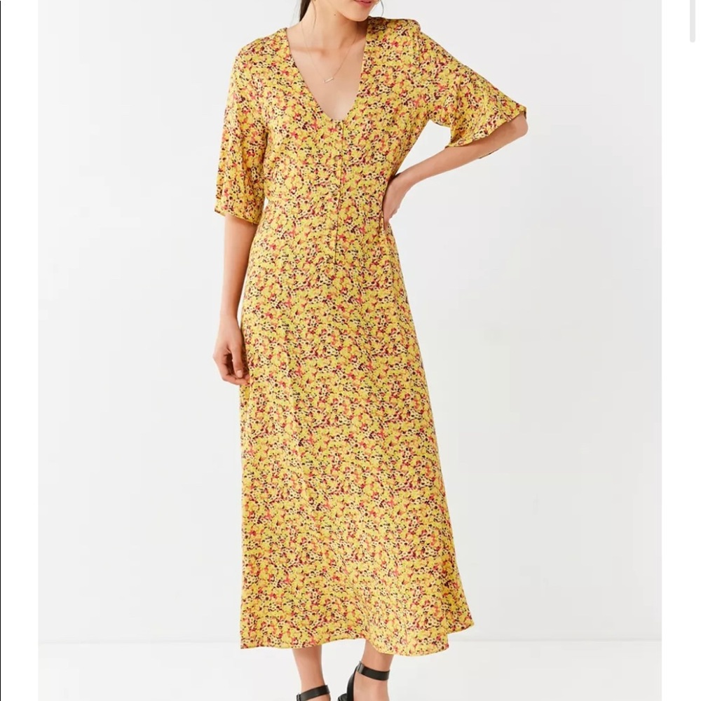 Urban Outfitters Yellow Flutter Sleeve Floral Maxi Dress
